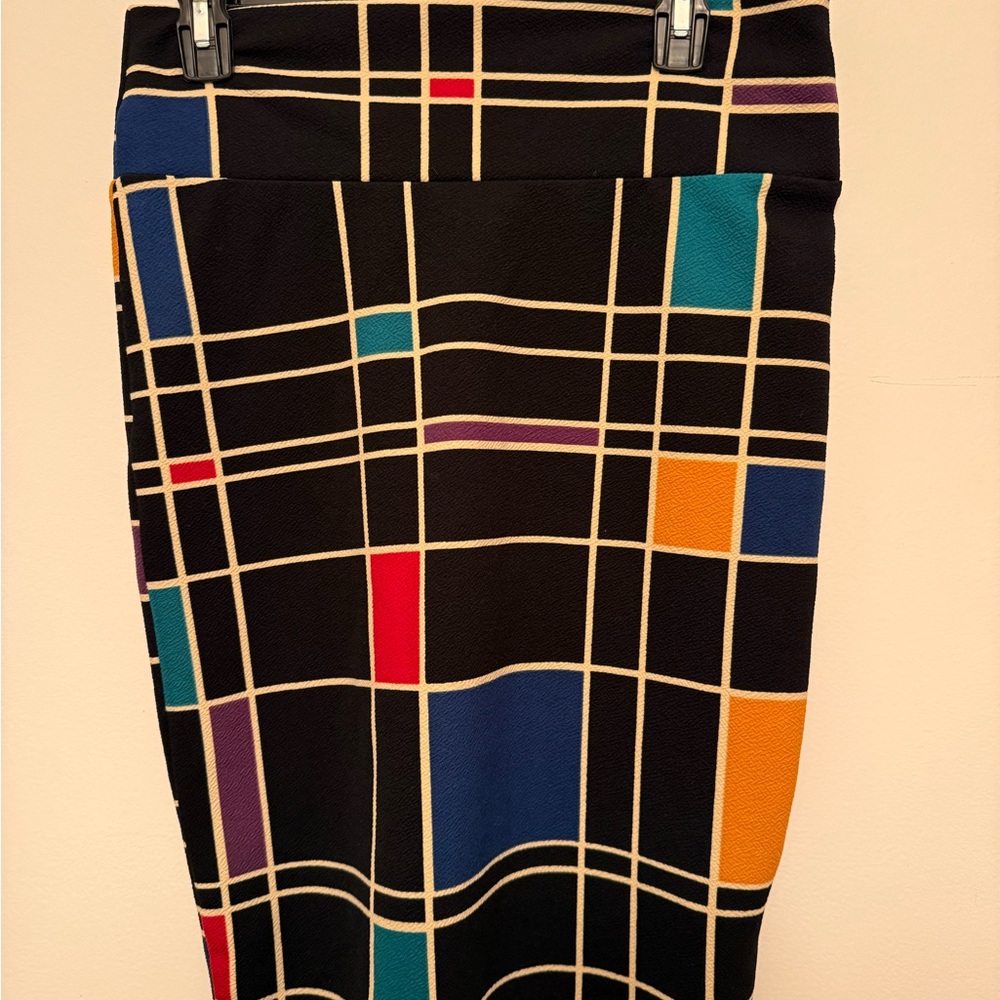 LuLaRoe Black Pencil Skirt with Multicolor Grid Blocks